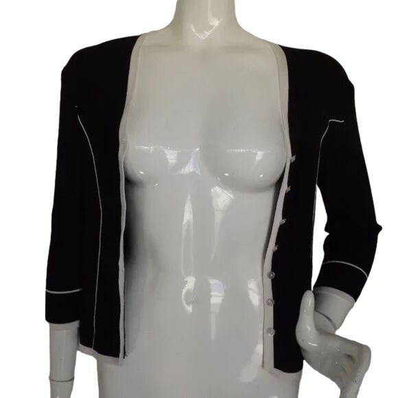 PAPELL STUDIO Sweater, M, Black/White trim, Cardigan/Buttons, 3/4 sleeves - Picture 2 of 11